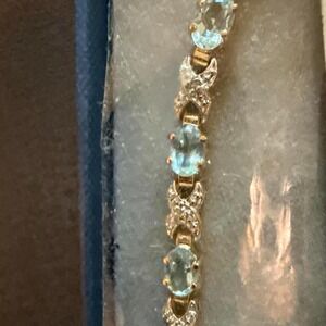 18k Gold Plated Blue Topaz & Diamond Tennis Bracelet NWT